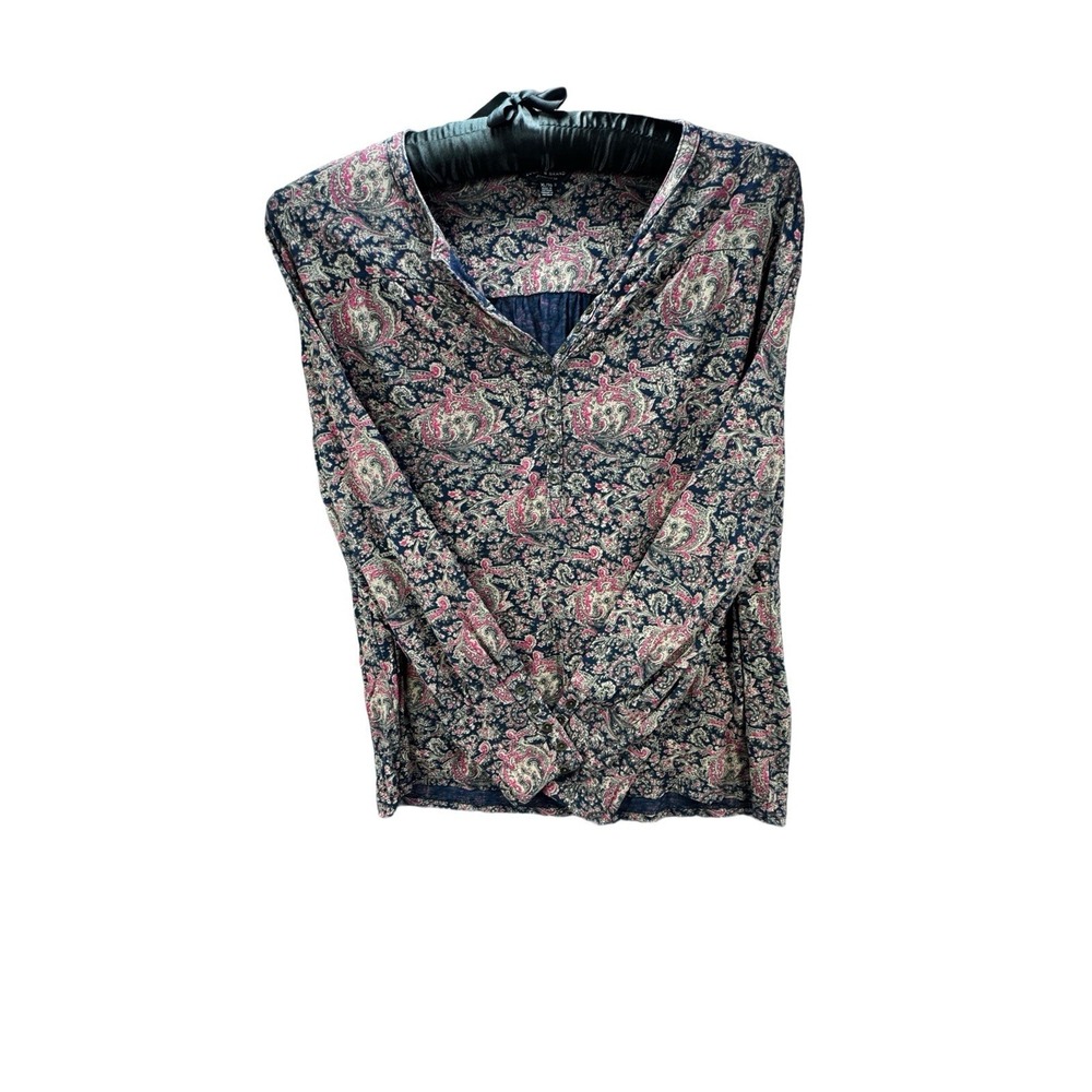 Lucky Brand Womens XL Paisley Print Boho Peasant Blouse Navy Pink Long Sleeve - Picture 4 of 12